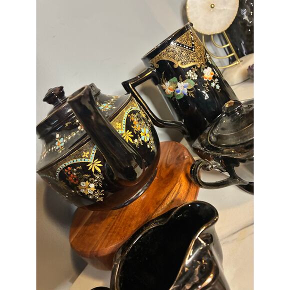 Antique Price Bros England Teapot Set – Hand-Painted Black Luster – 4-Piece Set - Picture 11 of 14
